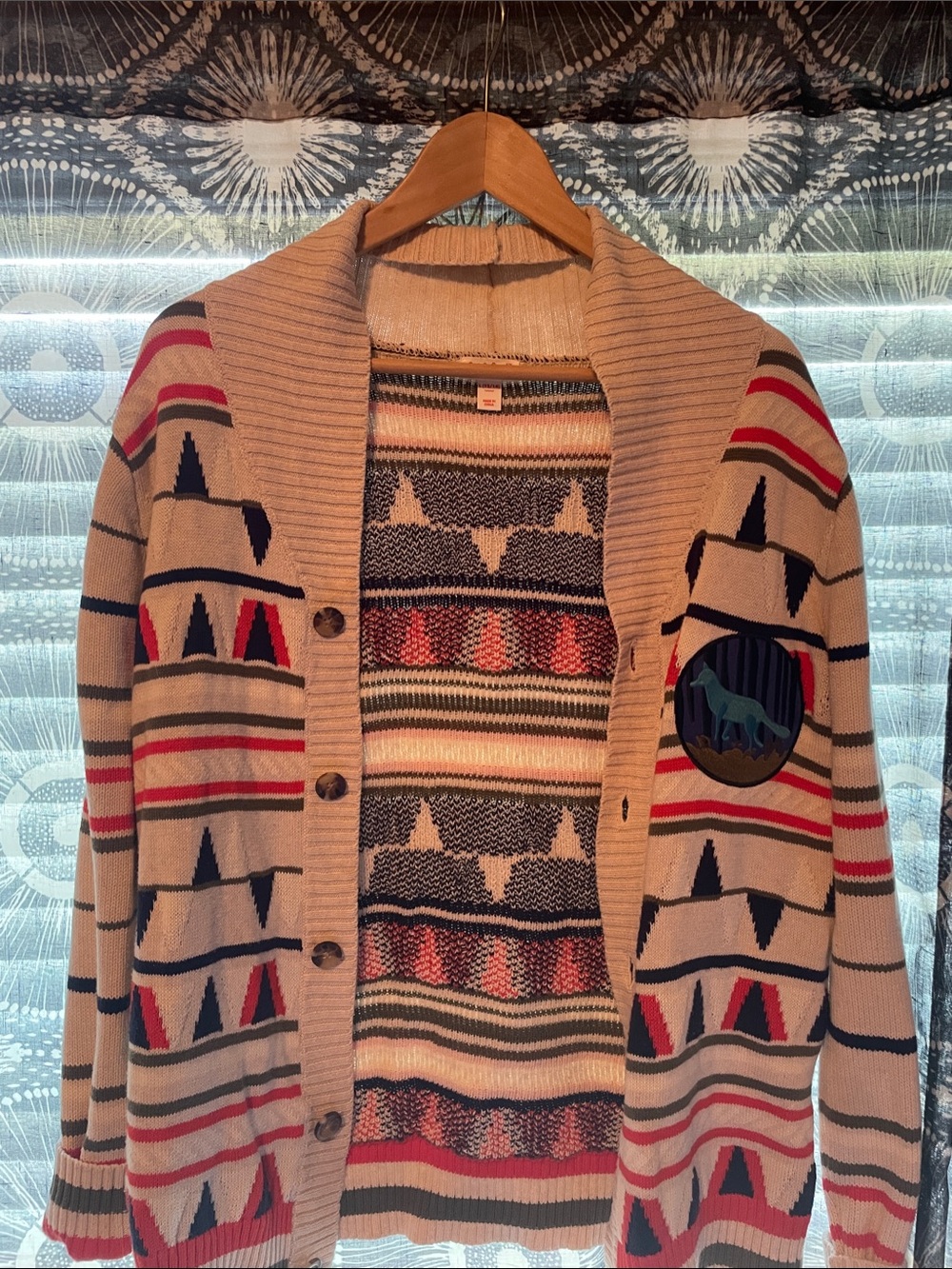 Boys Patterned Shawl Collar Sweater Cardigan - Beige with Red & Navy Accents